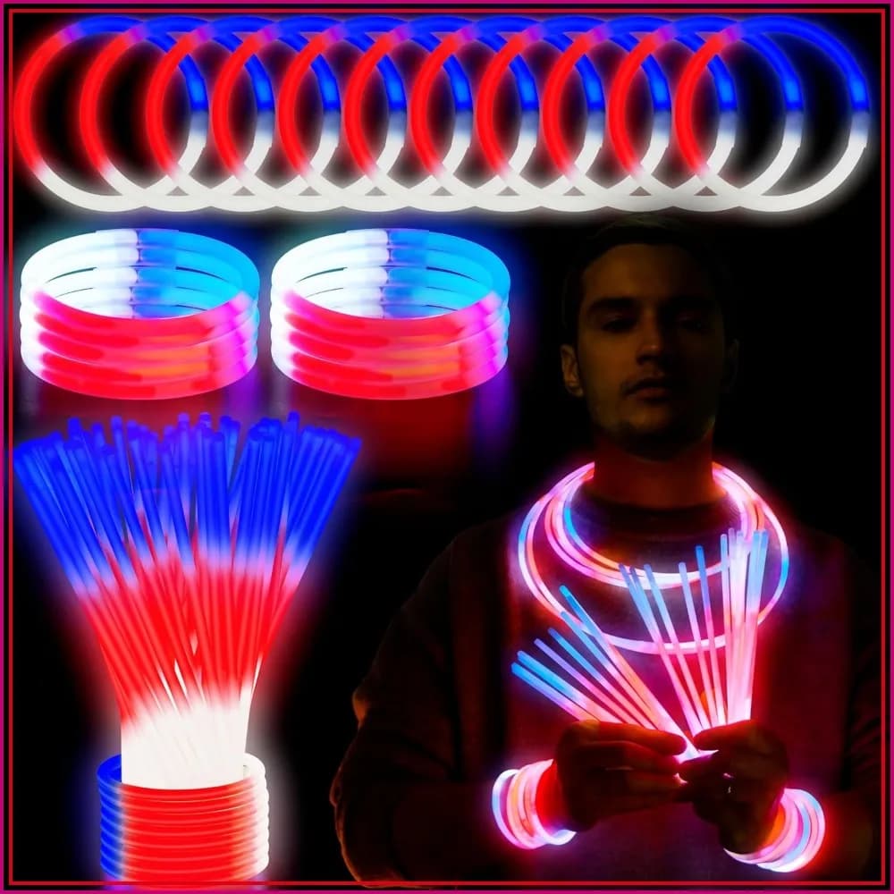72 Pcs Glow Sticks Bulk with Connectors, Red White Blue 3 Colors in 1 Glow Stick, Light Up Bracelets & Necklaces for Parties, Independence Day Supplies