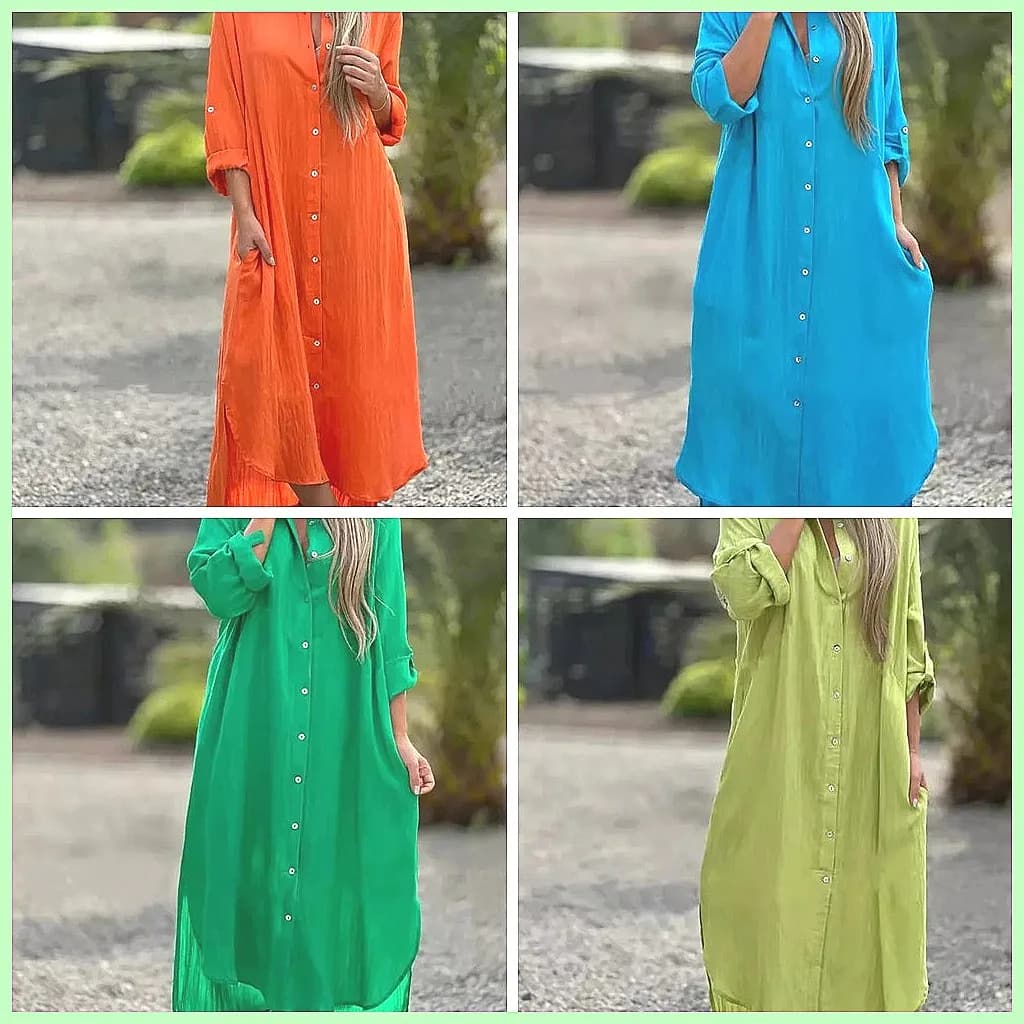 Abito Camicia in Cotone e Lino da Donna Primavera-Autunno, Manica Lunga, Cardigan Casual, Gonna Maxi