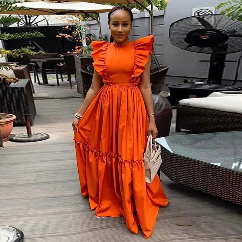 Chic 2026 Summer Maxi Dress Women Ruffle Edge Short-sleeved Round Neck Waist Long Pendulum Dress Y2K Vestidos