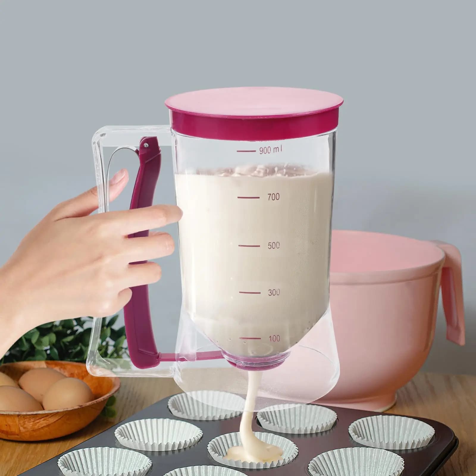 Dispenser per pastella da 900 ml Dispenser per pastella per pancake cupcake con etichette di misurazione Strumenti di cottura Torta Muffin Mix Imbuto Misurino