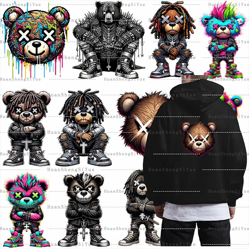 Cartoon Bear Ironing Sticker Clothes DTF Fashion T-shirt Hoodie DIY Jacket Patch Heat Transfer Hot Paste Paper