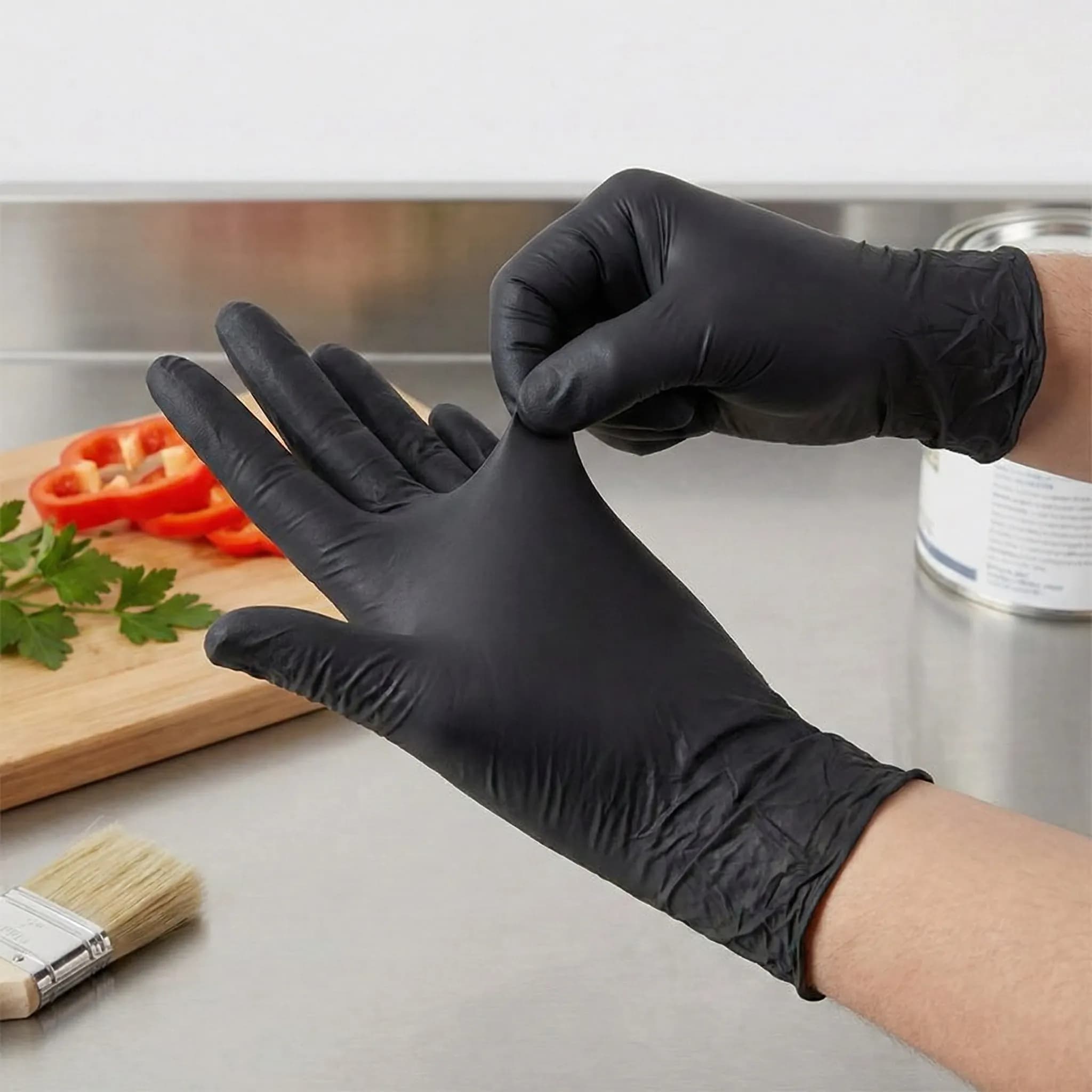 Guanti Monouso in Nitrile Puro al 100% Neri, Confezione da 100 - Senza Polvere, Senza Lattice, Resistenti agli Strappi, Antiscivolo, Impermeabili a Olio e Acqua