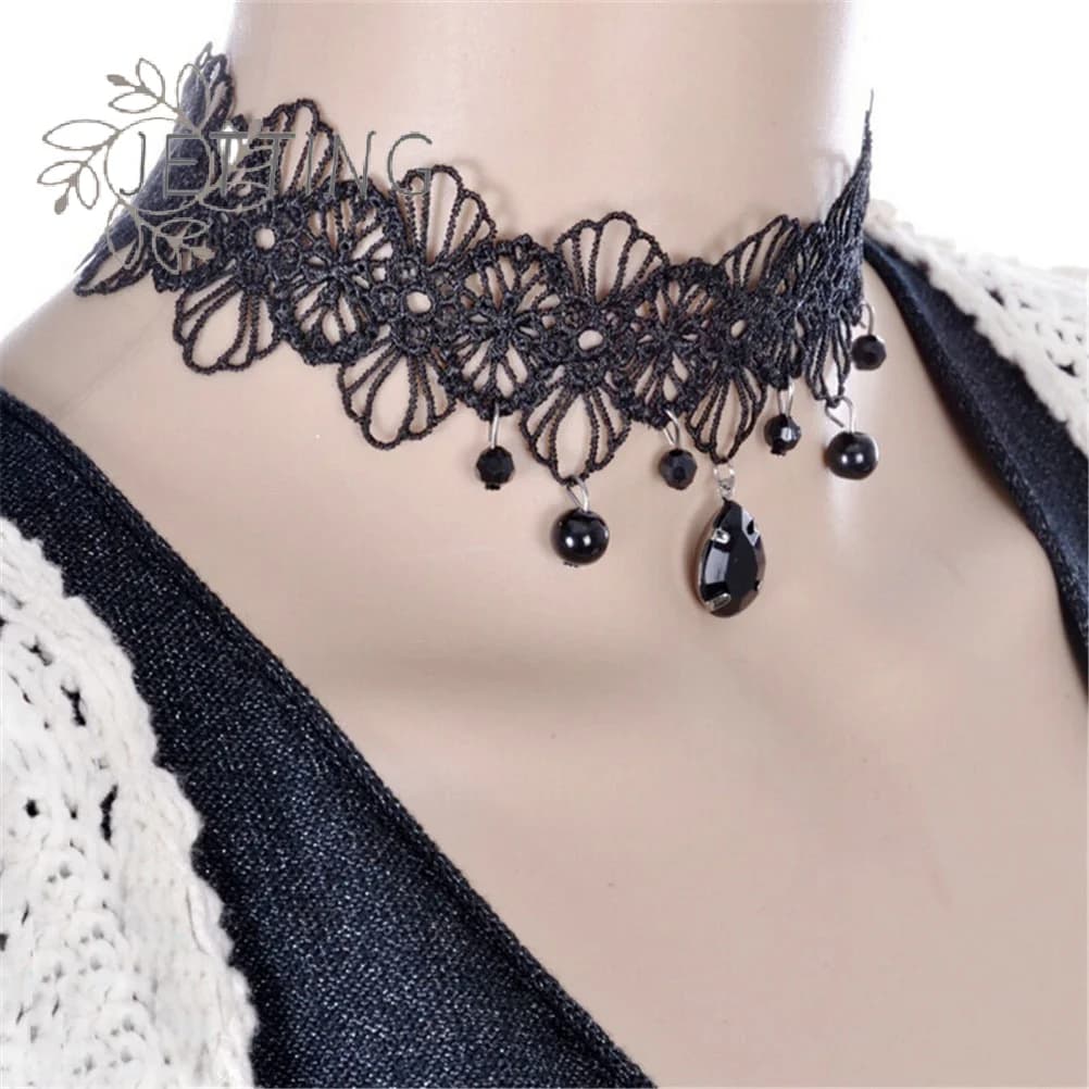 (SMTGDP11)Fashion Gothic Black Lace Retro Choker Collar Flower Pendant Necklace Jewelry