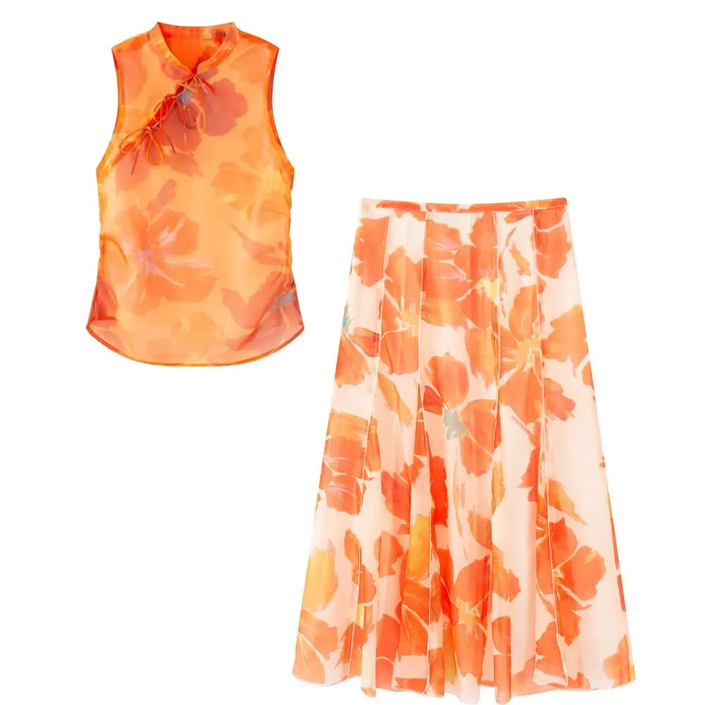 2026 Summer Women's Elegant 2 Pcs Sets Floral Sleeveless Lace-up Tank Shirt Top Blouse Lady Vintage High Waist Skirts Outfits