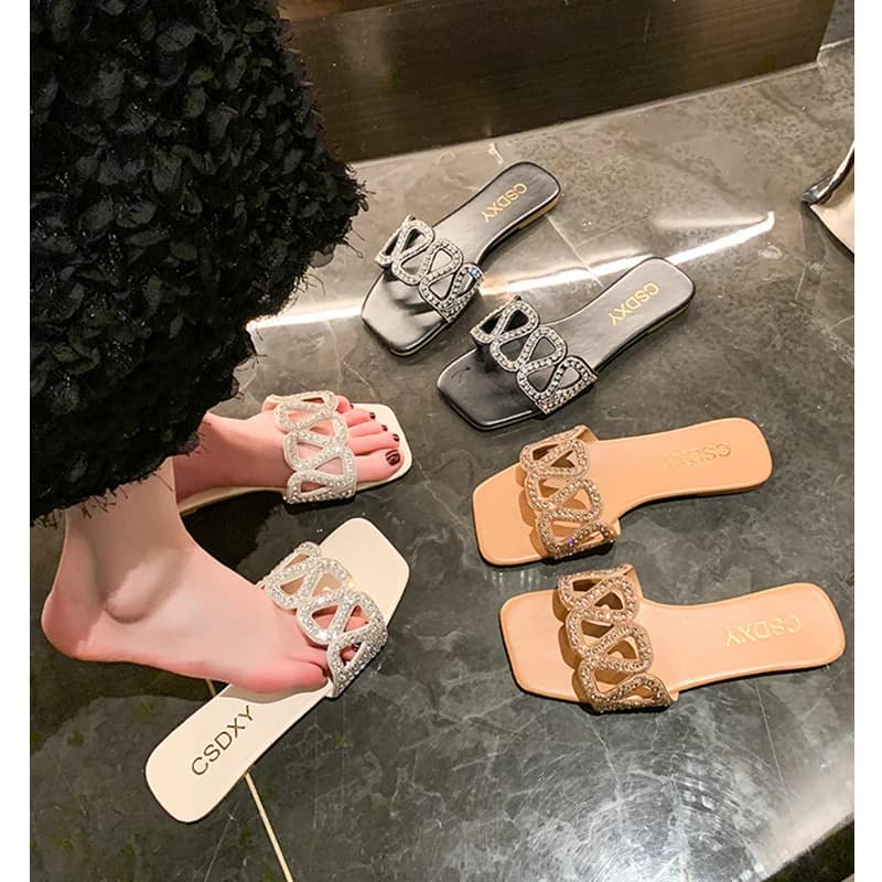 Korean Style Flat Bottom Sandals Women's Summer New All-Match Square Head Rhinestone One-Strap Slippers Casual Glue-Welded Ru...