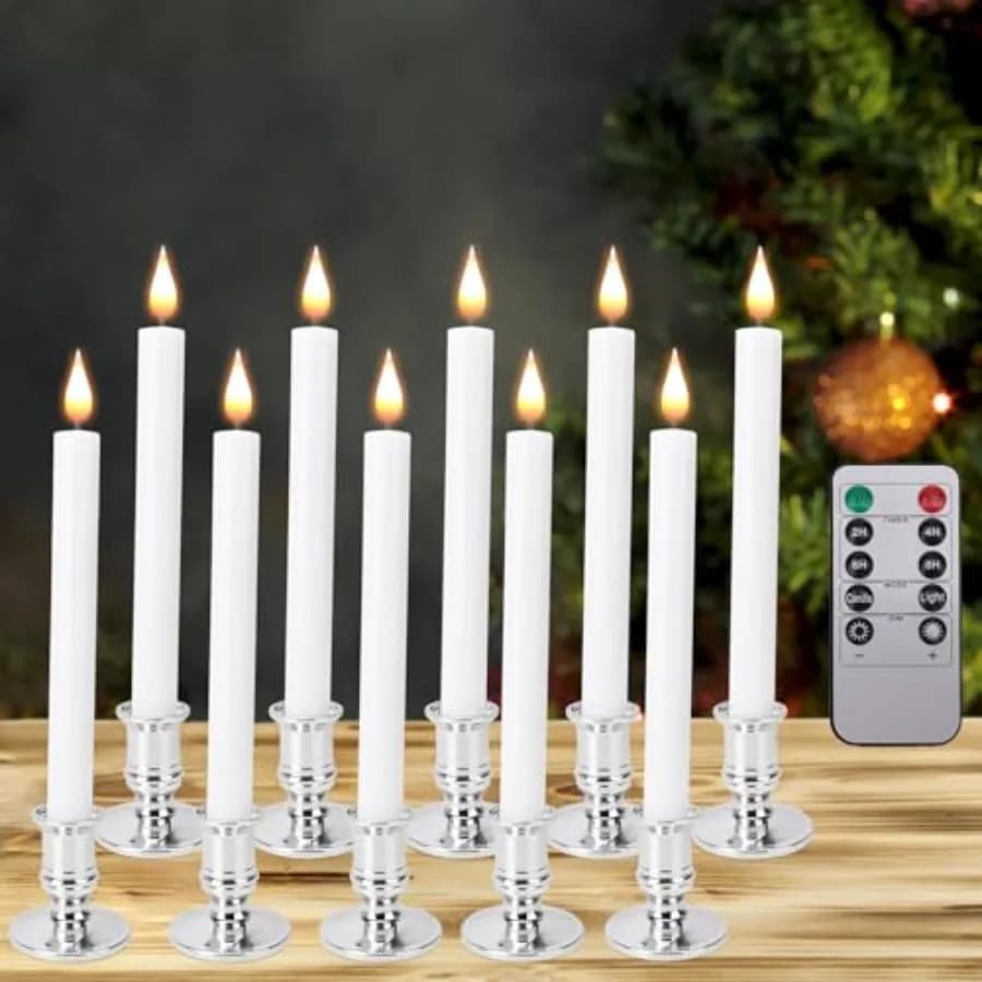 Candele LED Senza Fiamma per Finestre con Telecomando e Timer, 10 Pezzi, a Batteria, Luci Tremolanti a Candela Affusolata con Contenitore Argentato Rimovibile