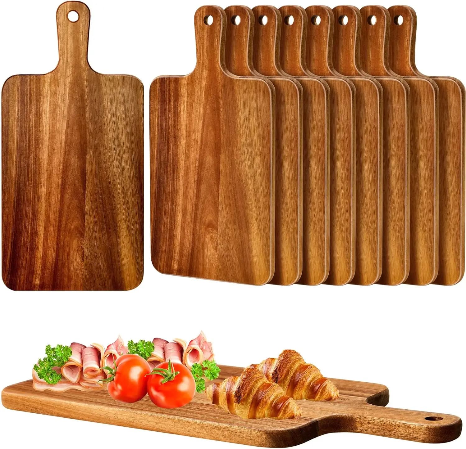 Set of 10 Acacia wood cutters with Handle, 40x20 cm for Pizza, Bread, Cheese, Cold cuts, Fruit and Vegetables
