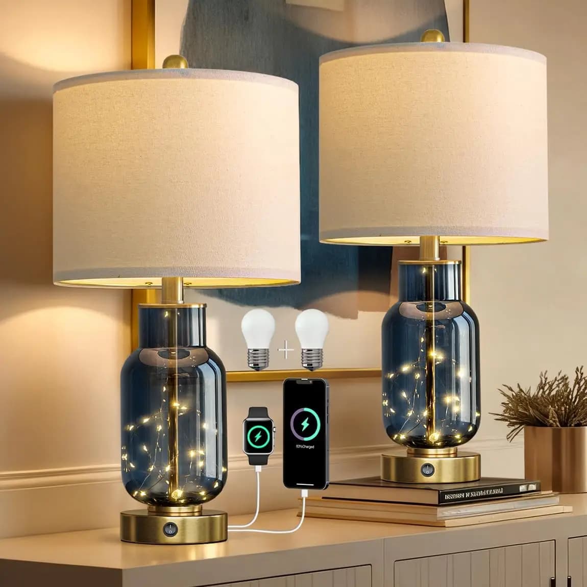 Set di 2 Lampade da Tavolo Moderne in Vetro Blu con Luce Notturna LED e Porte USB per Camera da Letto, Soggiorno, Studio