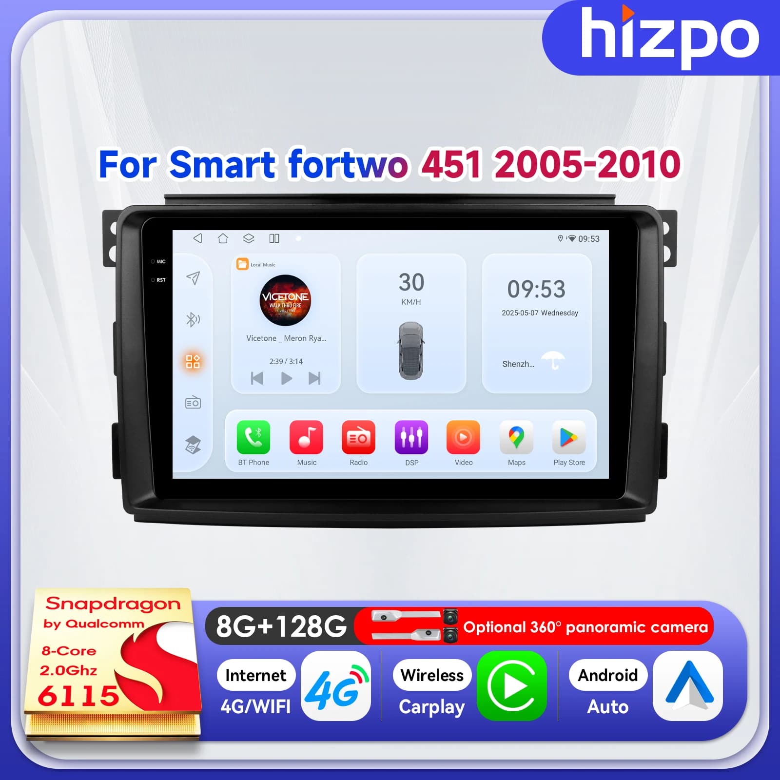 Hizpo Monitor Stereo AI da 9 Pollici con Android 14 per Mercedes Benz Smart Fortwo 451 2005-2010, Carplay, Video Smart, Autoradio, Navigatore, WiFi