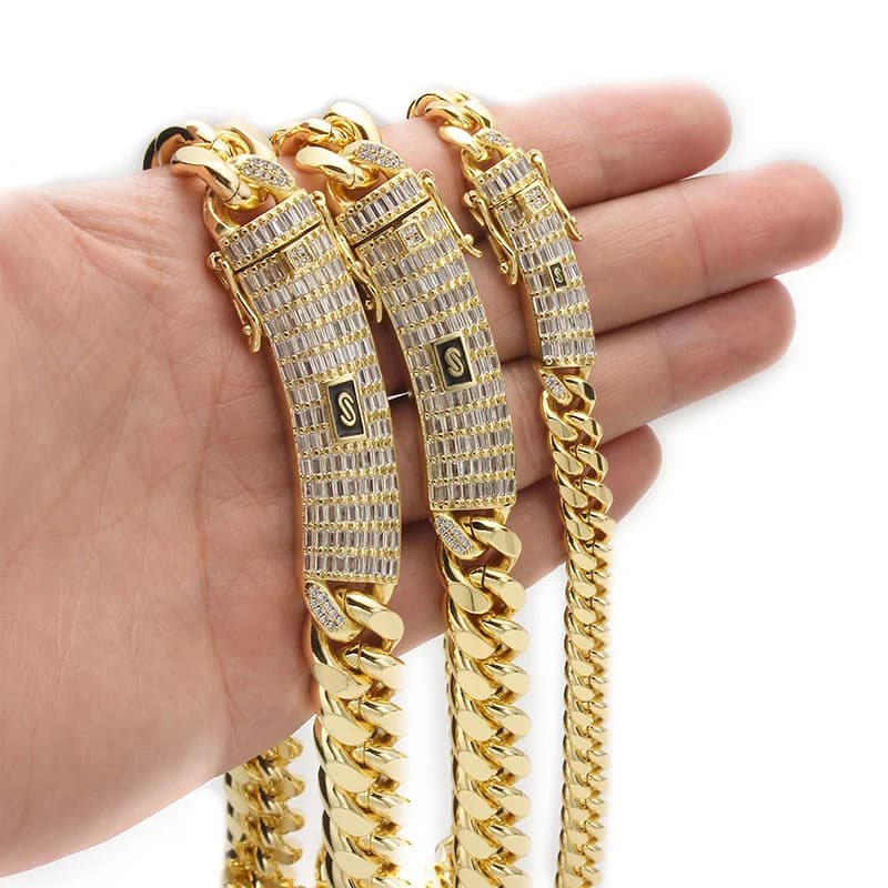 6-14mm Oro Argento Colore Acciaio inossidabile Cuban Miami Catene Collane CZ Zircon Box Catena a maglie di bloccaggio per uomo Gioielli Hip Hop Rock