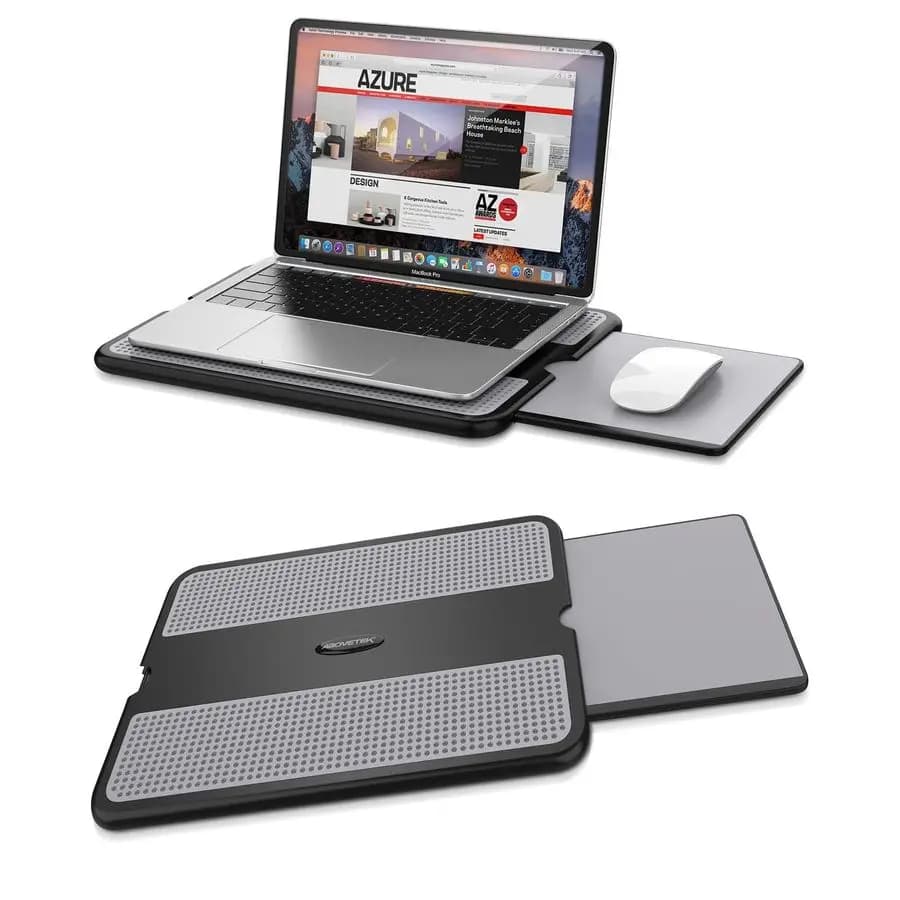 Supporto Portatile per Laptop con Tappetino Mouse Retrattile Sinistro/Destro, Base Antiscivolo e Scudo Termico per Tablet e Computer Portatile