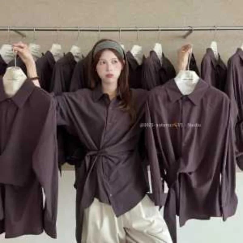 Camicie temperamento a maniche lunghe con spalline nuovo stile coreano Primavera Autunno Fashion Design Vita che dimagrisce Top Versatile