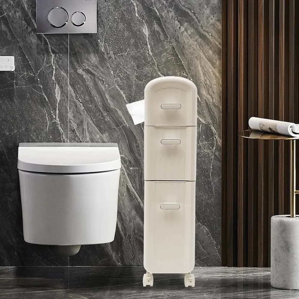 Armadietto portaoggetti da pavimento per bagno con cassetti e rotelle Armadietto portaoggetti sottile in plastica Porta carta igienica indipendente (3 livelli)