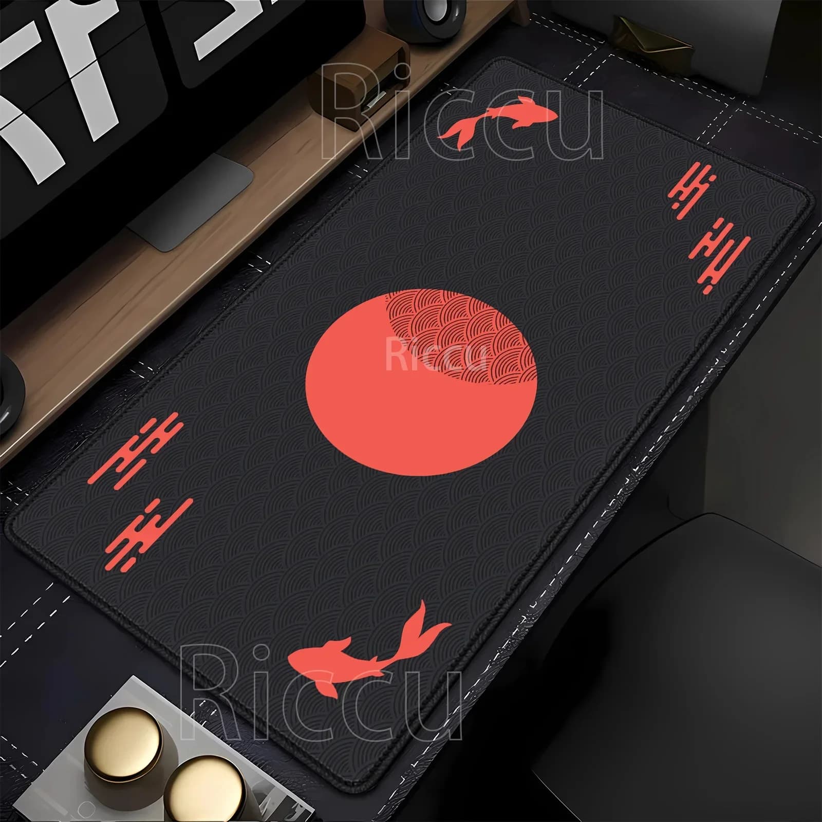 Tappetino per mouse XXL 400x900mm con stampa HD, motivo pesce al tramonto, in gomma, per gaming, tastiera, PC, ufficio, accessori, tappetino da scrivania con bordi overlock