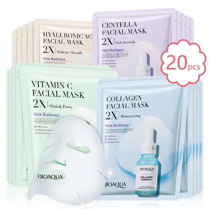 20 pcs BIOAQUA Centella Collagen Face Mask VC Hydrating Refreshing Sheet Mask Hyaluronic Acid Face Mask Skin Care Products