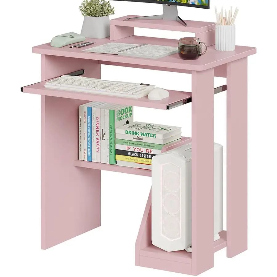 Work Desk for Computer Compact with Tray for Tasting and Support for Monitor, Studio Desk with Storage Pads, Modern Workplace for Restrooms