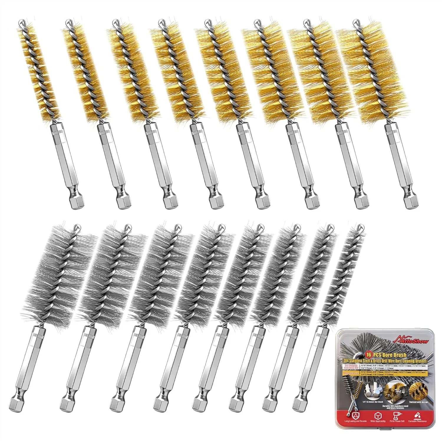 Set di 16 spazzole metalliche per trapani, spazzole per la pulizia del foro in acciaio inossidabile e ottone con codolo esagonale da 1/4 di pollice, compatibili con trapani elettrici, smerigliatrici e avvitatori a impulsi (8-25 mm)