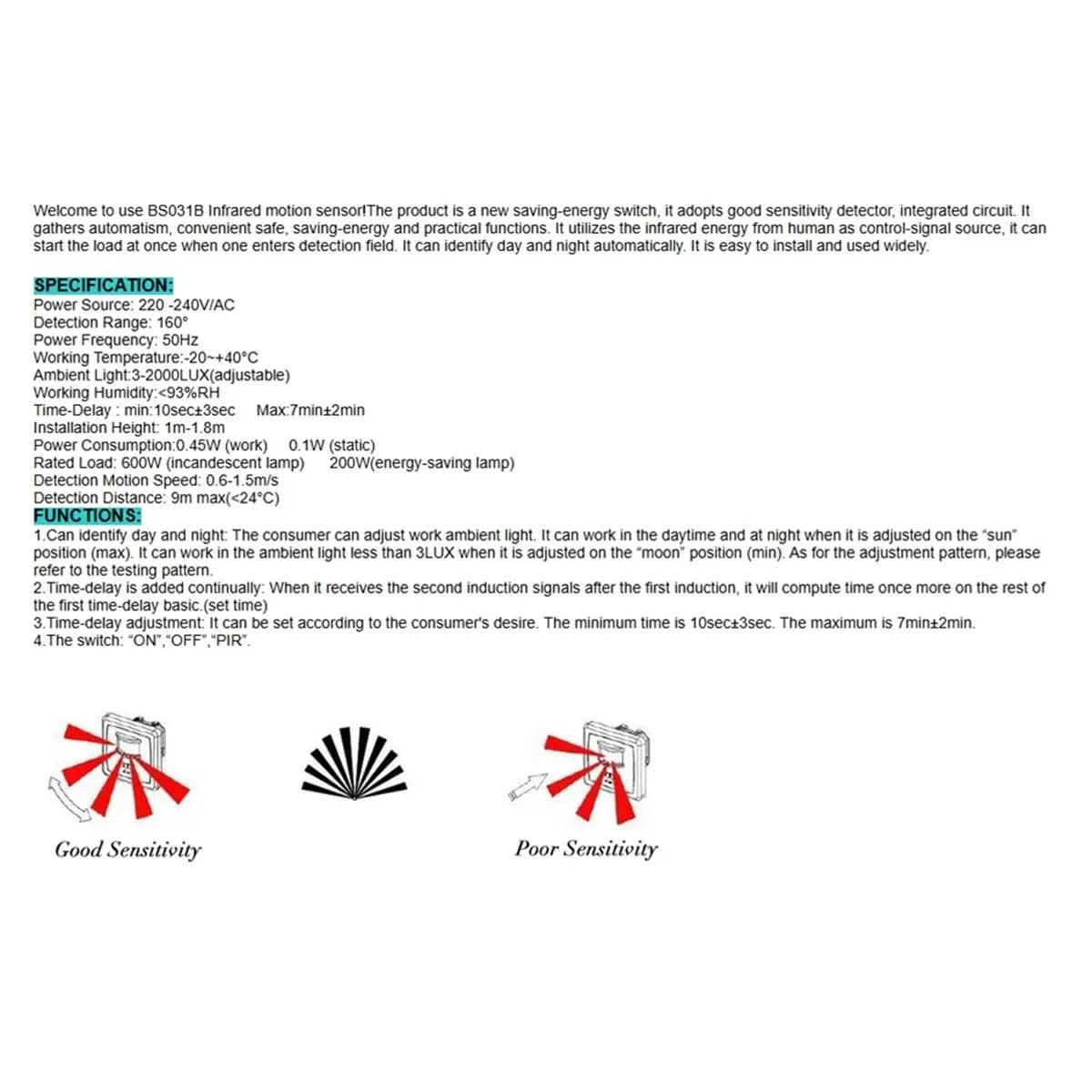 Interruttore LED con Sensore di Movimento PIR a Infrarossi AA25 220V da Parete, Carico Massimo 600W + Distanza Massima 9m