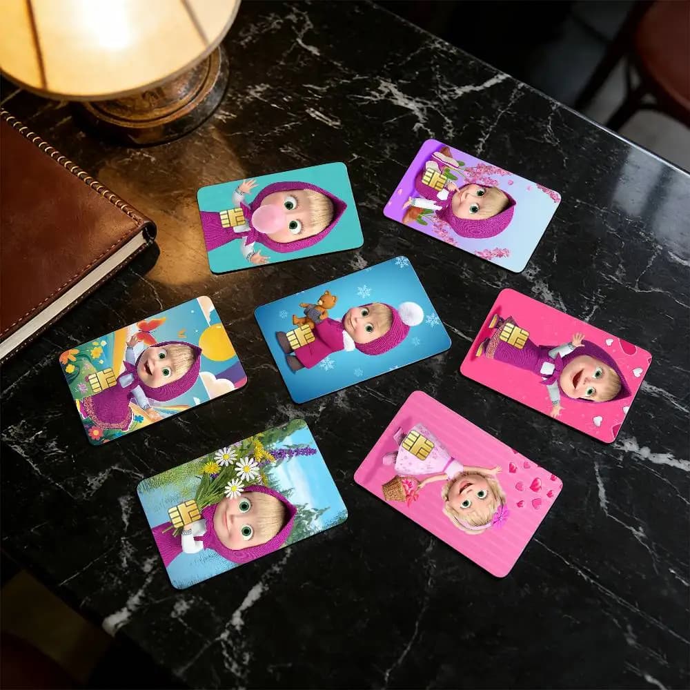Adesivi HD impermeabili con chip piccolo per carte di credito e carte da gioco, a tema Masha e Orso, dal design simpatico