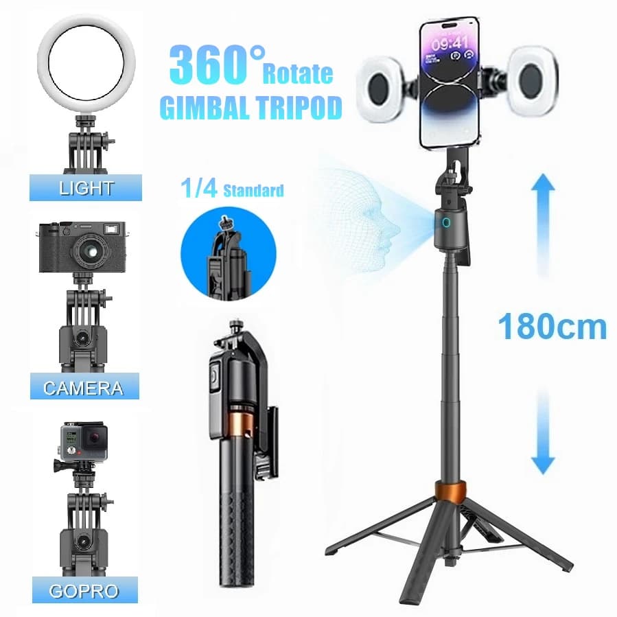 Treppiede Gimbal Portatile con Tracciamento del Viso AI, Altezza 180cm/70.8in, Rotazione a 360° ° Bastone Selfie Rotante per Telefono Cellulare con Scatto Wireless