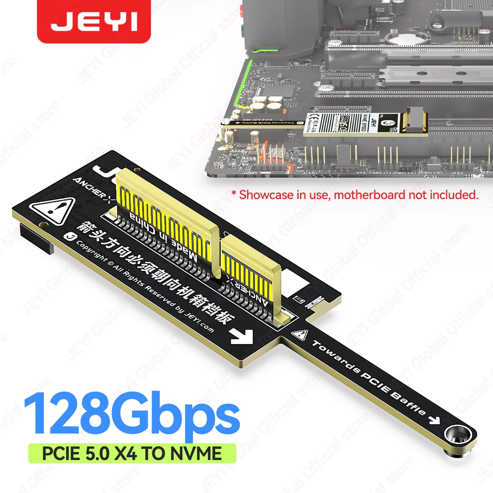 Scheda Adattatore JEYI Flat PCIe 5.0 x4 a NVMe 128Gbps Design Compatto Mini Senza Ostruzione GPU per SSD NVMe M.2 2280 e PCIe X4/X8/X16