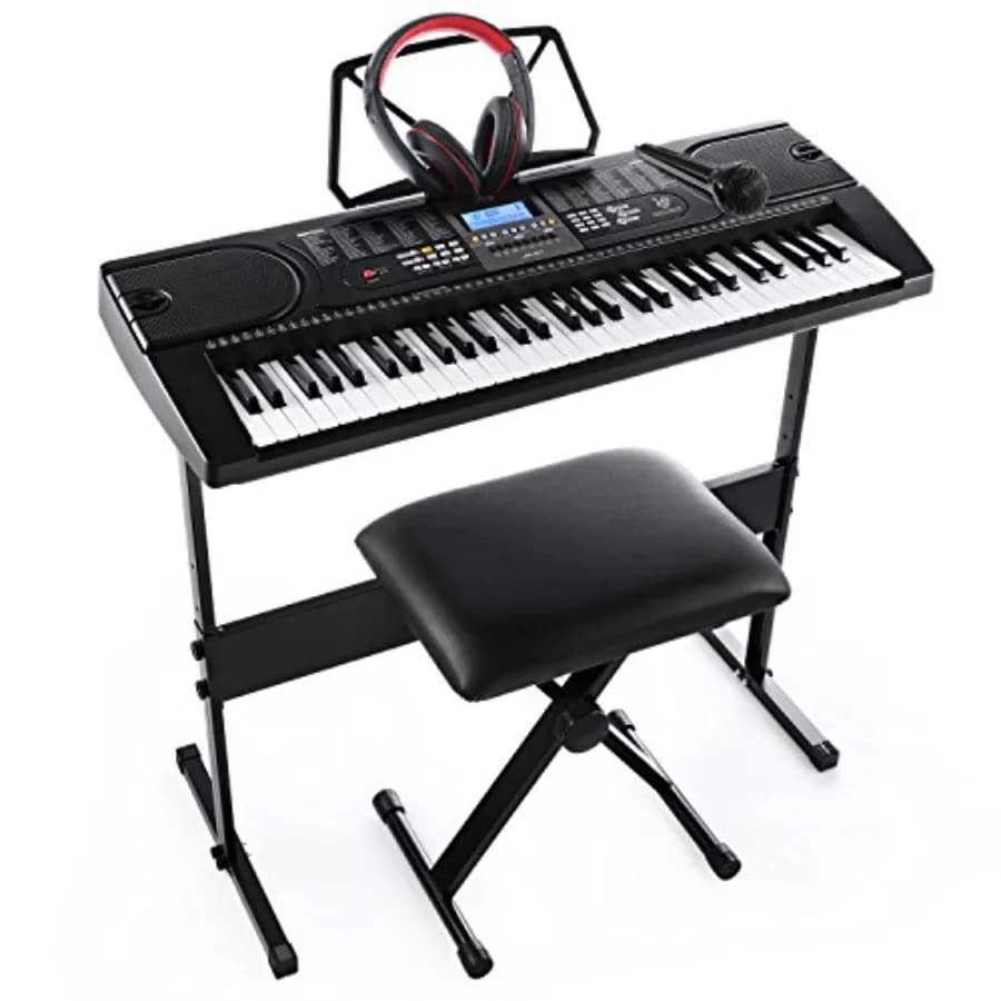 Pianoforte Digitale Portatile a 61 Tasti con Cuffie, Microfono, Supporto, Sgabello e Alimentatore in Nero - Ideale per H