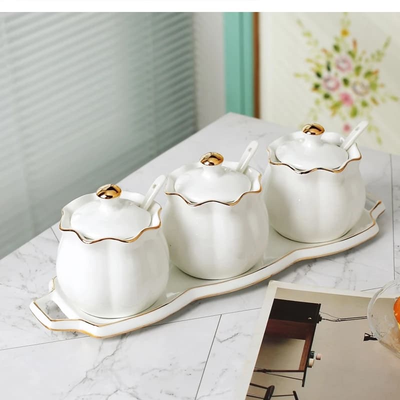 Set di Tre Barattoli in Ceramica per Condimenti, Utensili da Cucina per Olio