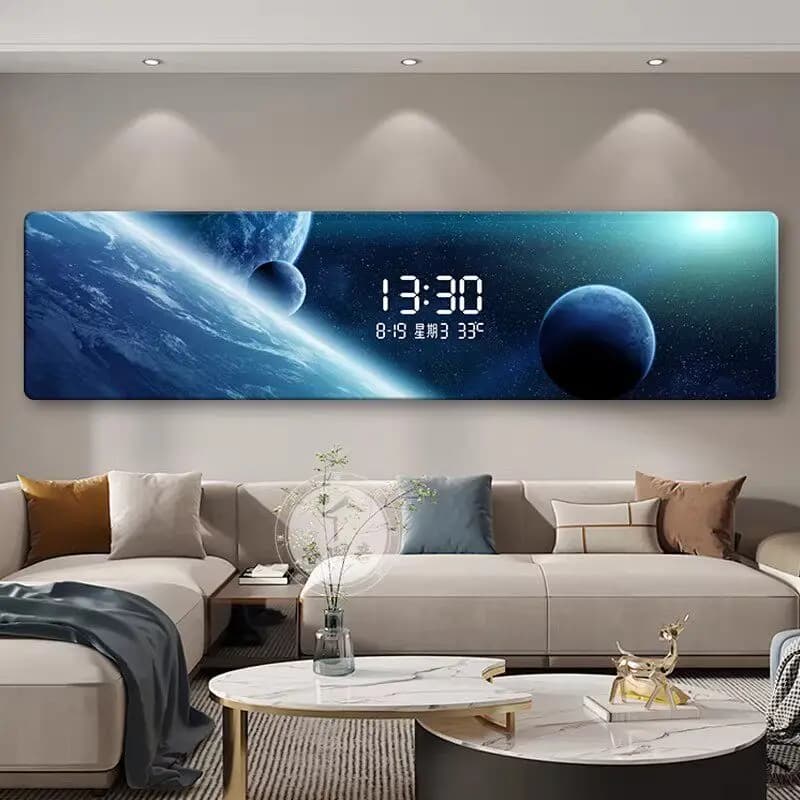 Advanced digital display screen, living room sofa, background wall decoration, electronic clock, mural lamp