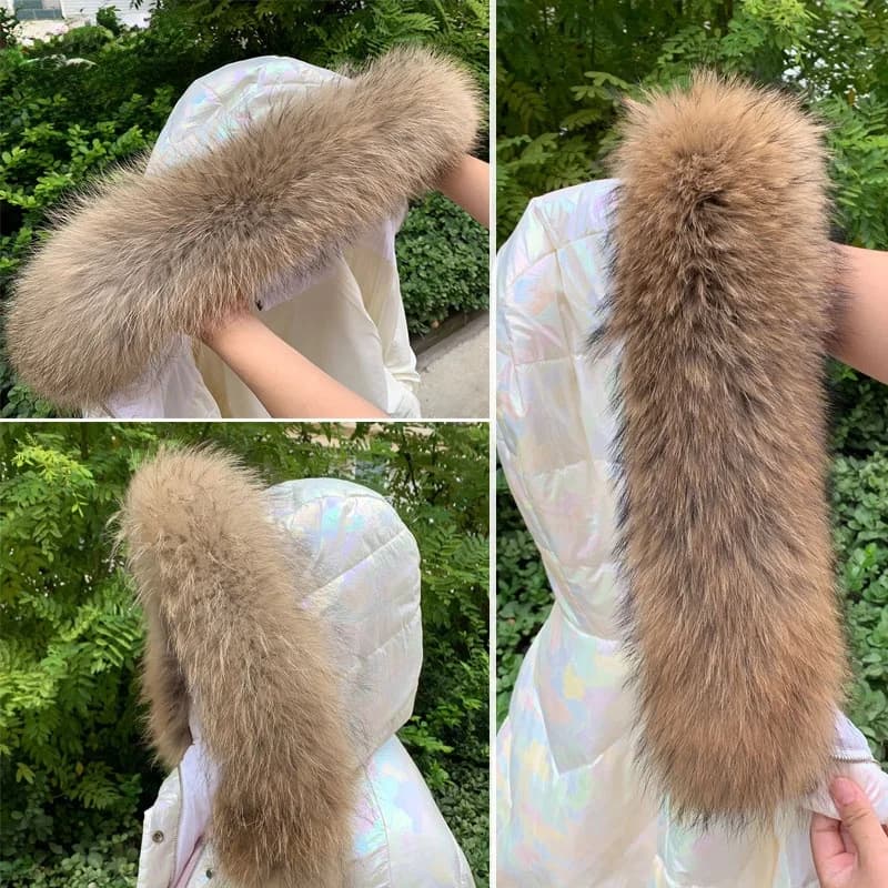 Collo in vera pelliccia per cappotto Parka Sciarpa invernale in pelliccia di procione naturale per giacca Calda cappuccio peloso di lusso con bottoni