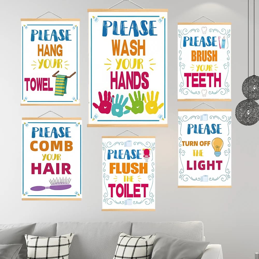 Pergamene da appendere in legno massello Stampe colorate da parete con citazioni per il bagno - Spazzola i denti, afferrare la toilette, lava le mani Cardsto