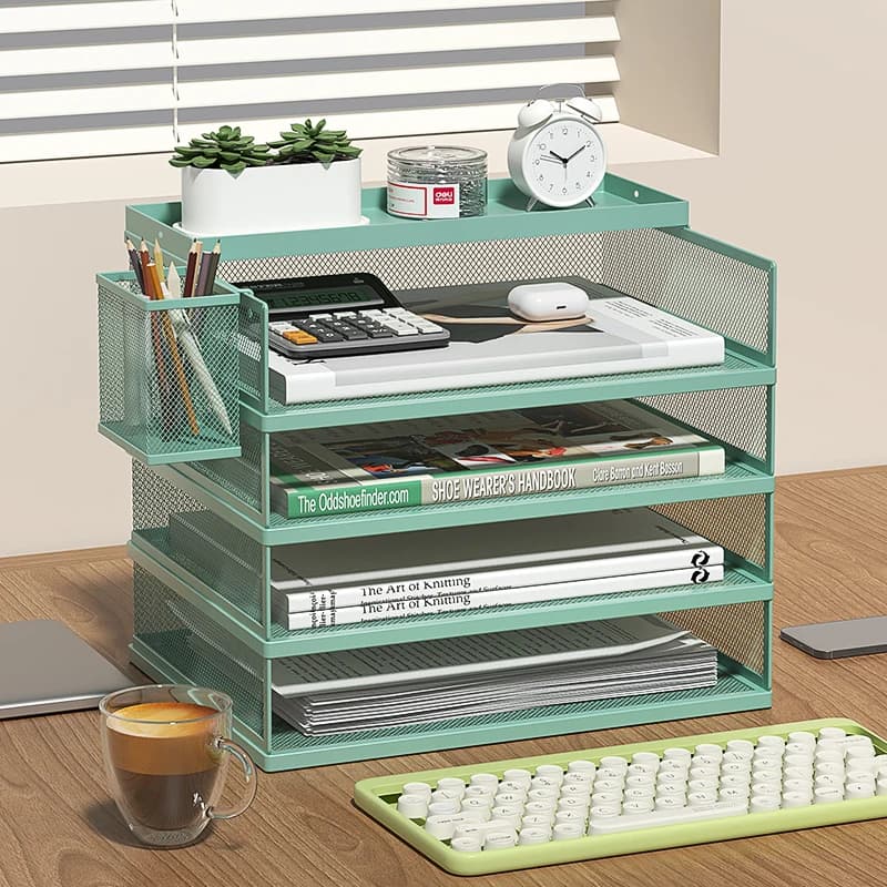 Vassoio per lettere impilabile verde a 4 livelli Vassoi per file per organizer da scrivania, supporto da tavolo per accessori per lettere di carta con portapenne