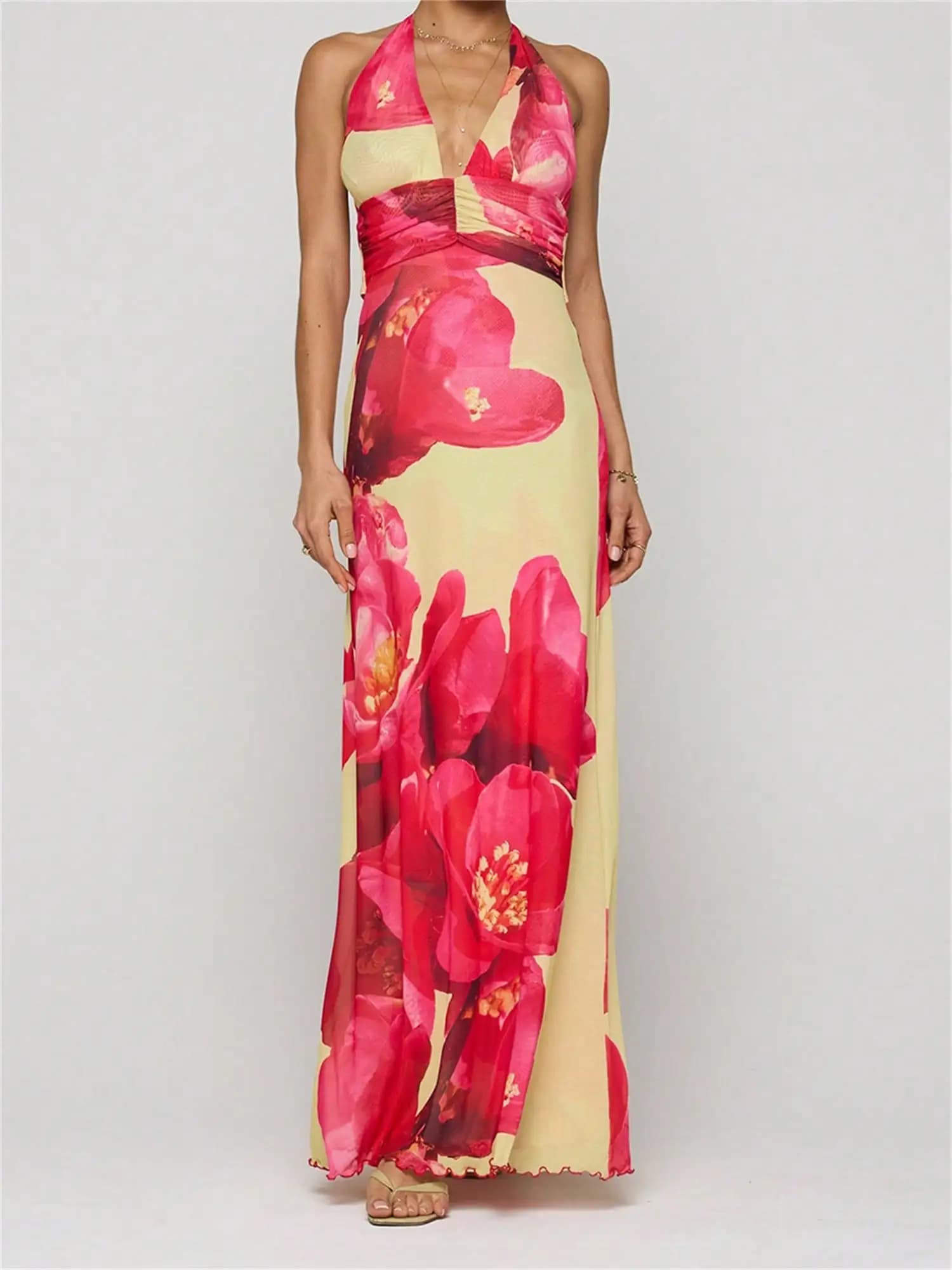 Womens Halter Neck Deep V-Neck Floral Maxi Dress Boho Flowy Long Gown For Summer Beach Vacation
