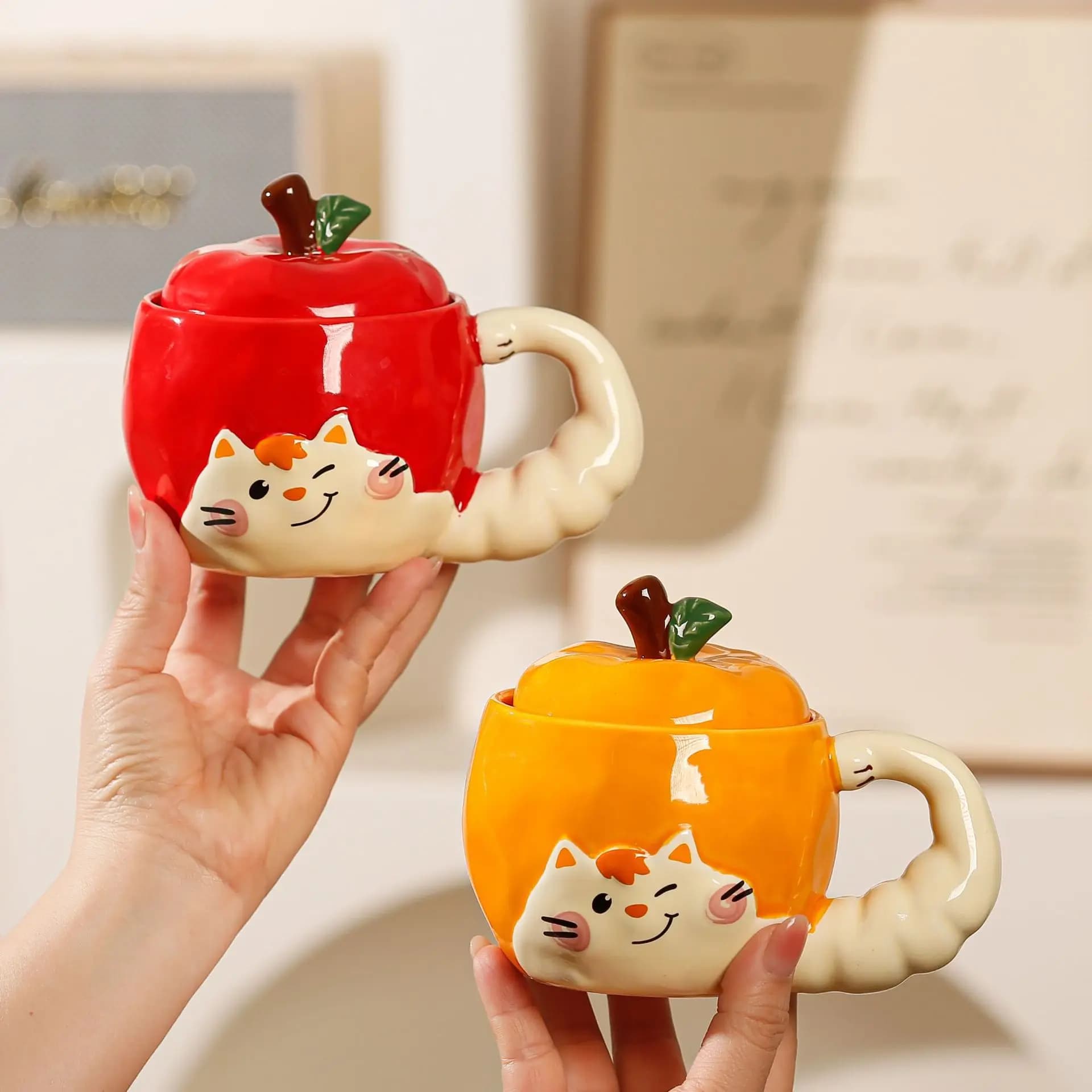 Cute Apple Cartoon Animal Ceramic Mug, Creative Relief Cat Coffee Mugs, High Beauty Kawaii Cup, Christmas Birthday Gift Tea Cup
