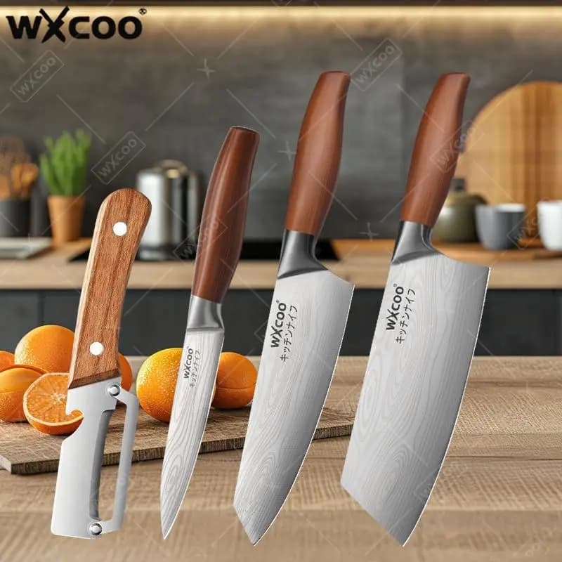 Set di coltelli da cucina WXCOO da 1 a 4 pezzi, in acciaio inossidabile, con pelapatate, coltello da chef con motivo Damasco, utensili per sbucciare frutta e verdura
