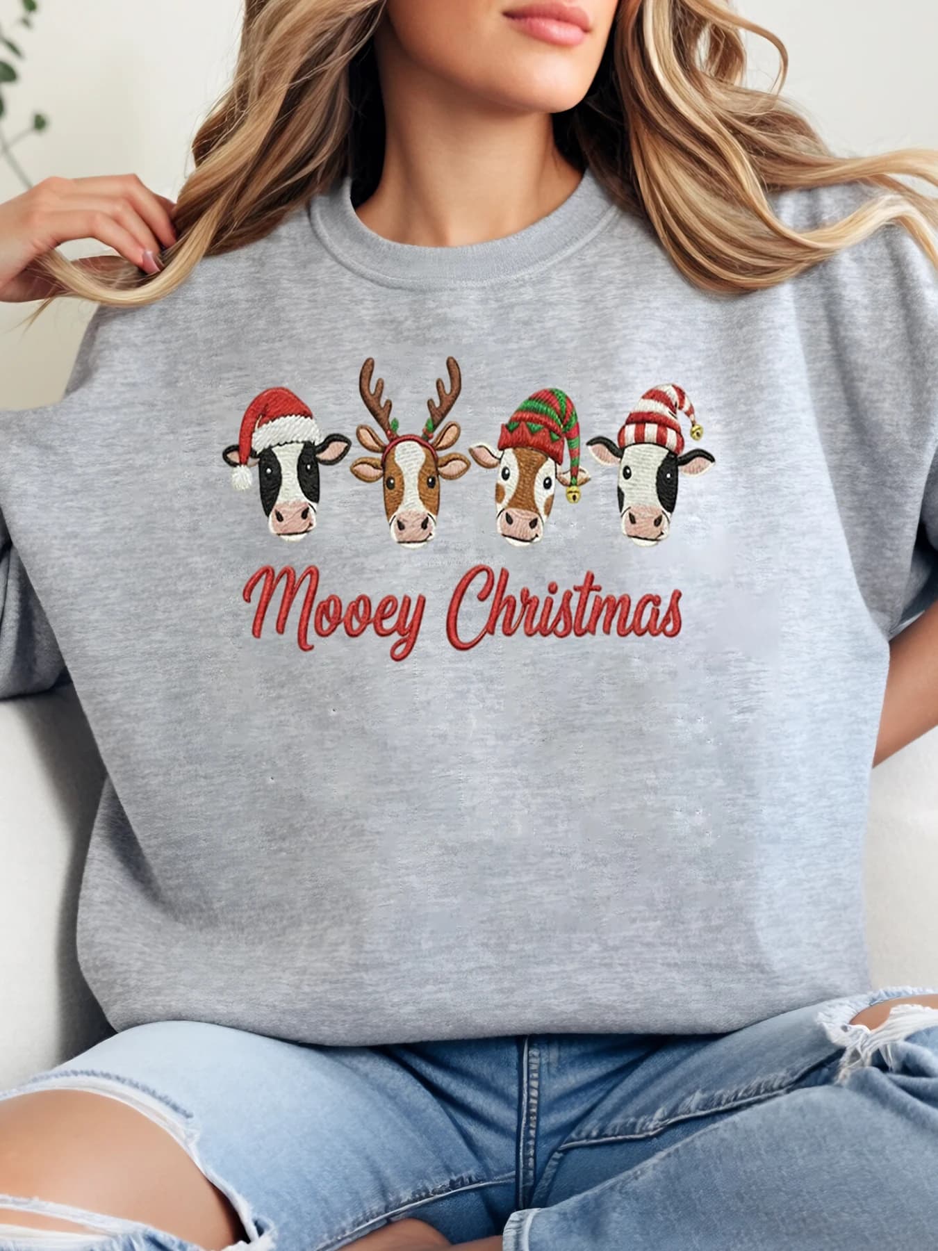 Stampa natalizia mucca Have a Mooy Little Felpa natalizia da donna Abbigliamento casual per le vacanze Grigio Taglie forti