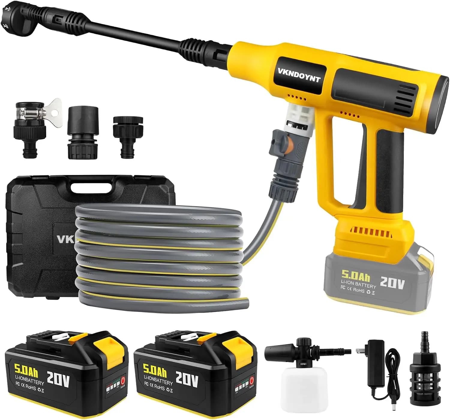 Idropulitrice Portatile Senza Fili con Connettore per Rubinetto e Tubo da Giardino, 2 Batterie da 5.0AH, 2000PSI MAX, con Spazzola