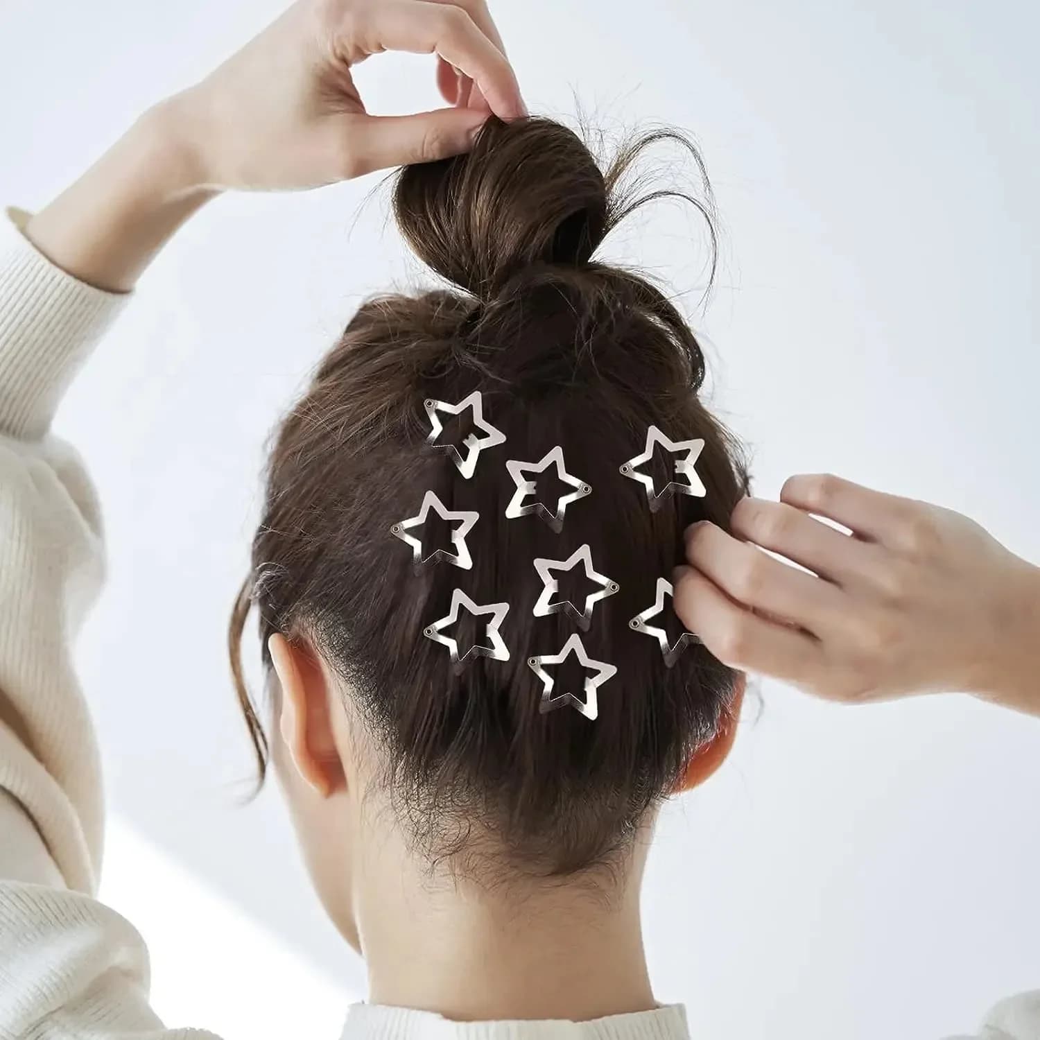 Set of Silver Star hair clips for girls - Metal snap hooks with glossy jewel hair handles Fashionable hair accessories