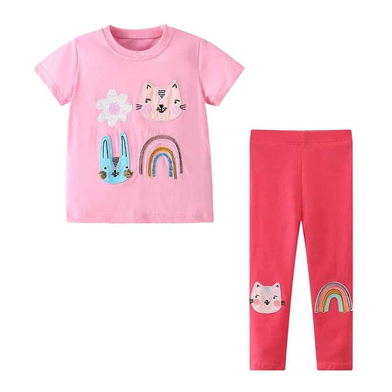 Set di Abbigliamento per Bambine con Ricamo di Gatti, Completo 2 Pezzi Top + Leggings, Costume Estivo Unicorno a Maniche Corte per Bambini