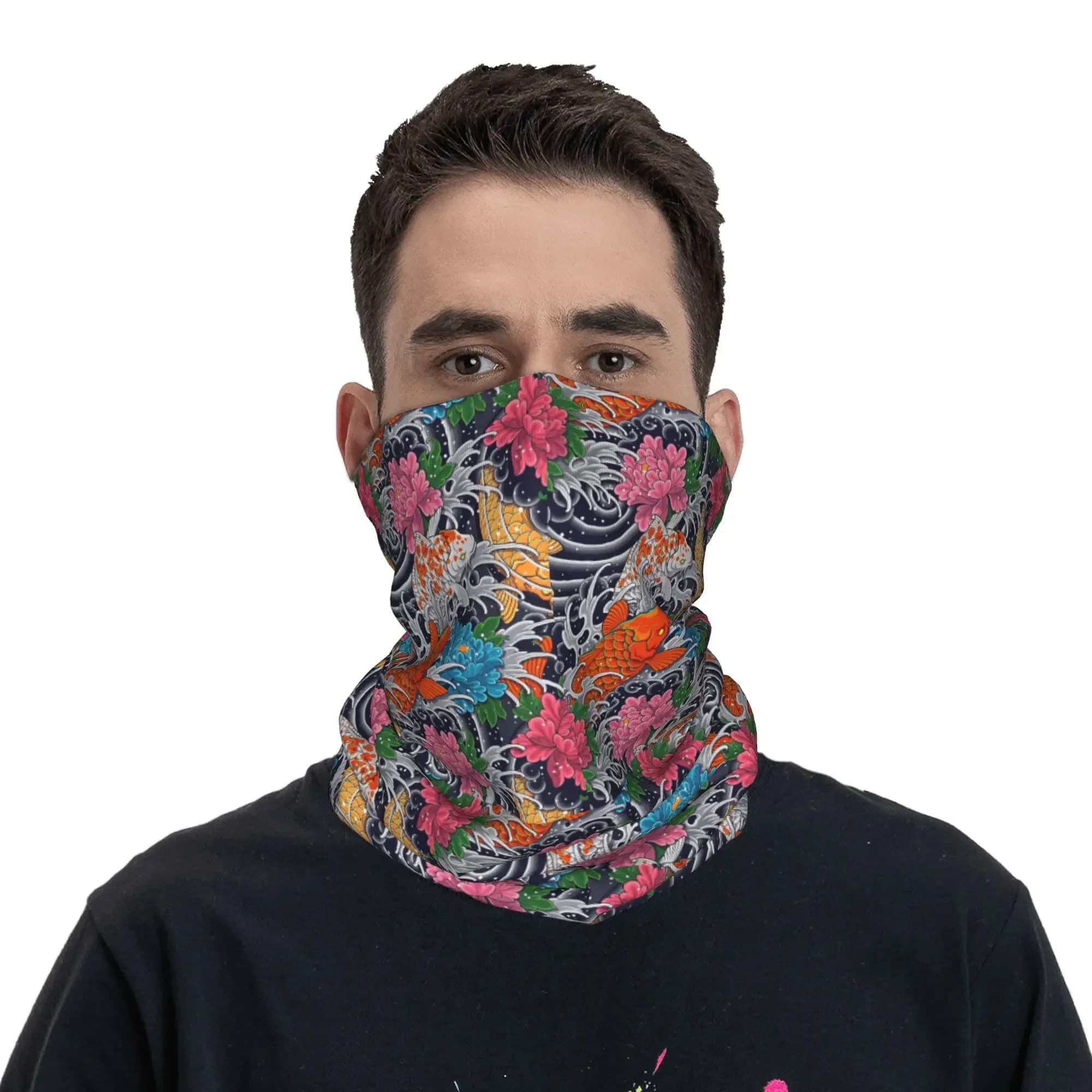 Koi Fish and Floral Pattern Bandana Ghetta For Neck Printed Mask Scarf Multipurpose Sunset Outdoor Sports Unisex Adult for All Seasons