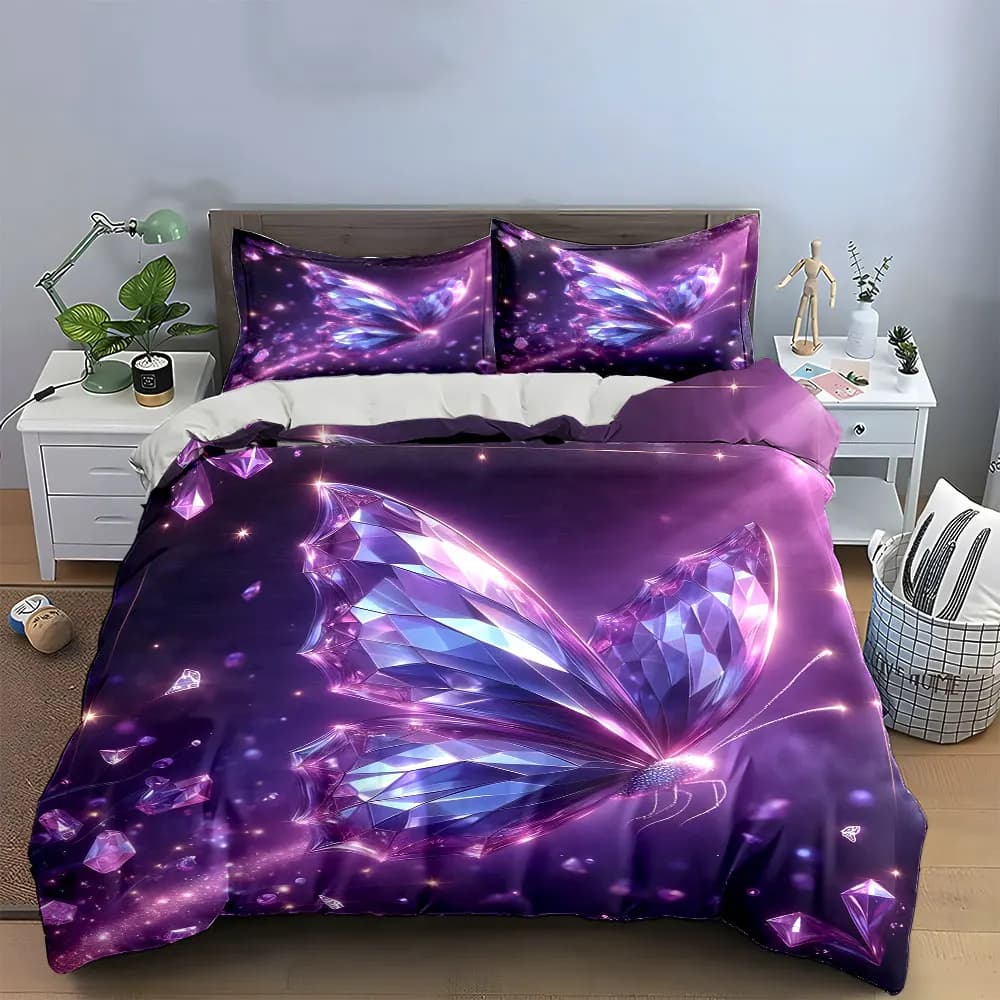 Set Decorativo con Farfalle di Cristallo, Set Biancheria da Letto con 1 Copripiumino e 2 Federe, Singolo, Matrimoniale, King, Queen, Regalo