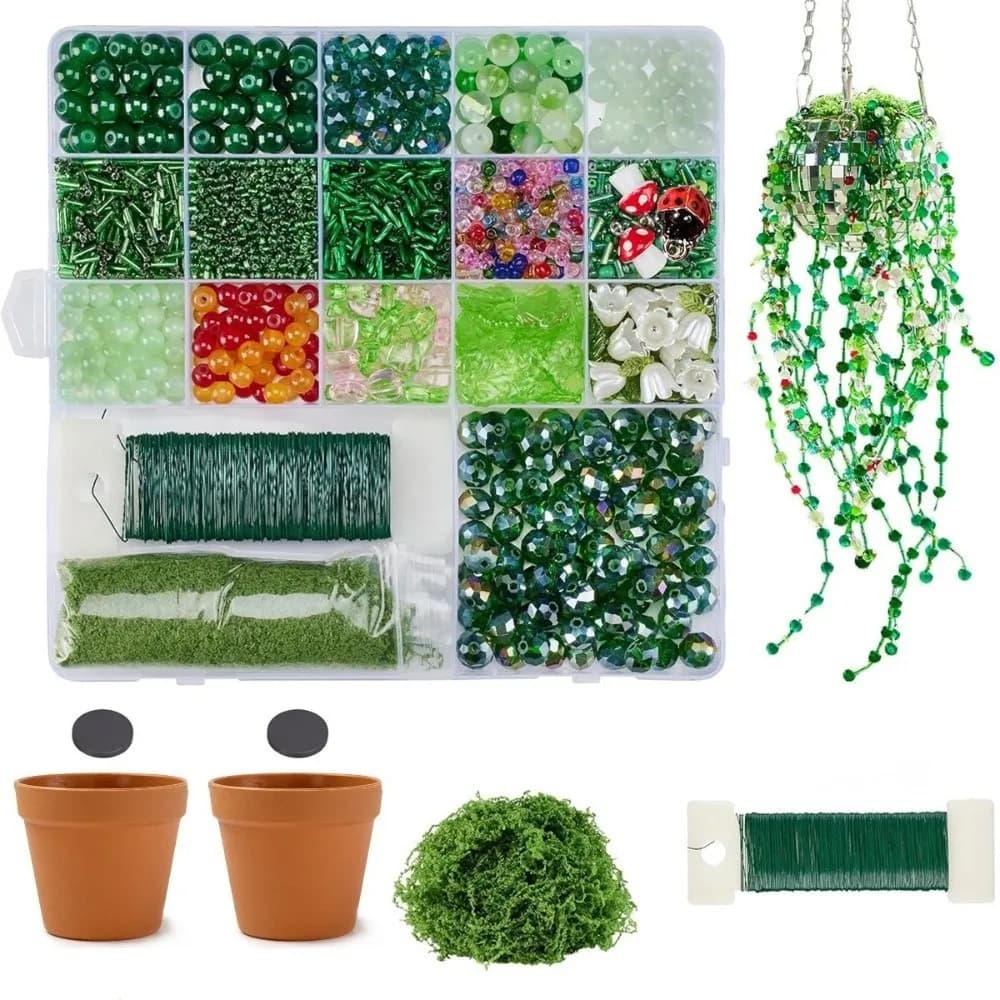 Green Glass Potted Plants Beads Crystal Leaf Pieces with Plant Pots Beaded Plant Kit Handmade Beads Plant Craft for Plant Lovers