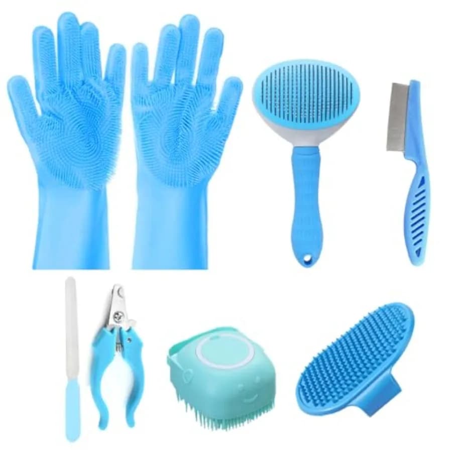 Set da 8 Pezzi per il Bagno del Cane con Guanti per il Lavaggio, Spazzola per Shampoo, Spazzola Sciogli Pelo, Kit Completo per la Toelettatura di Cani, Gatti e Piccoli Animali