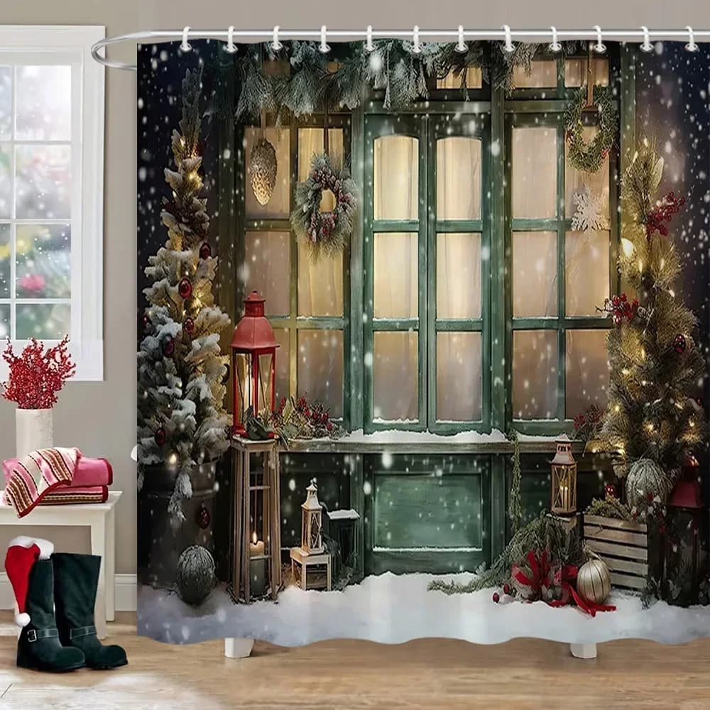 Sfondo natalizio Tenda da doccia Regali per le vacanze Camino Ghirlanda di albero di Natale Tende da bagno in tessuto Decorazioni per il bagno con ganci