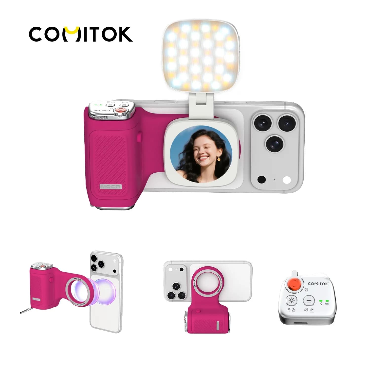 COMITOK MOCA Shooting handle for iPhone, detachable rechargeable Bluetooth remote control, DSLR shutter/focus lock + optional filling light/spec