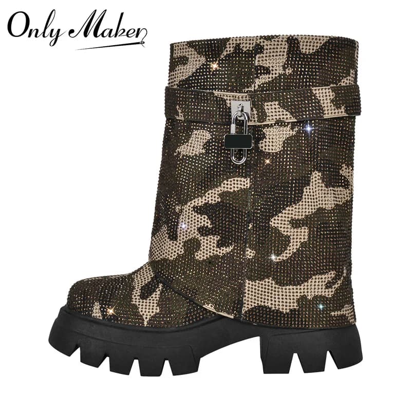 Onlymaker Women Round Toe Fold Over Camouflage Rhinestone Trim Boots Side Zipper Female Mid-Calf Boots