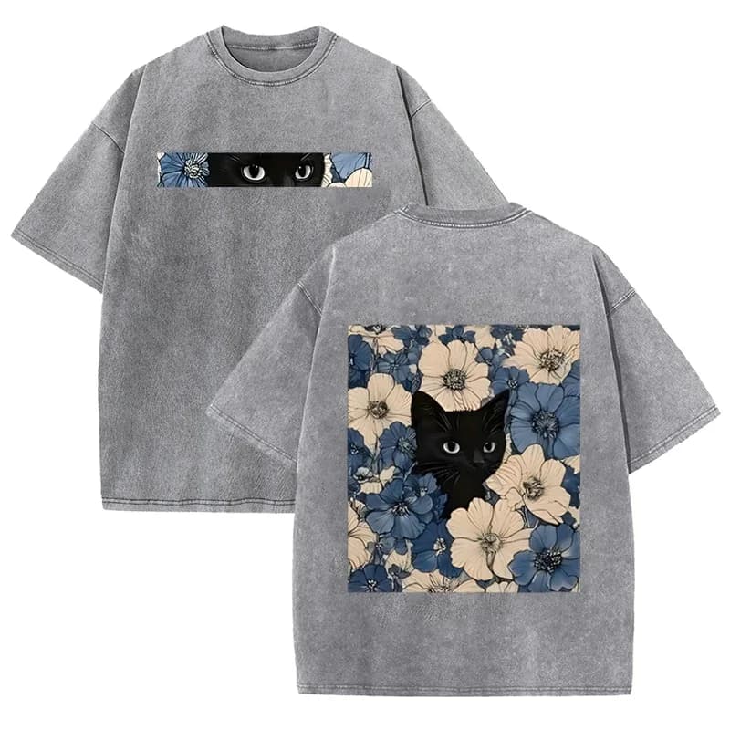 T-shirt vintage lavata nera con stampa floreale di gatto, stampa fronte-retro, streetwear casual