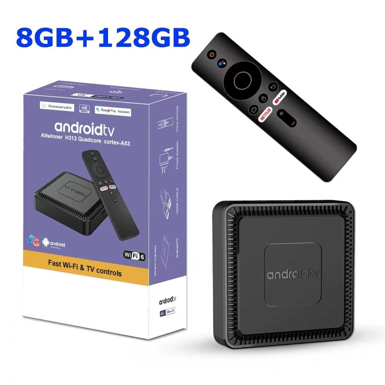 2025 Nuovo Q7 Smart TV Box Android14 Allwinner H313 8G + 128GB ROM Dual-Band WiFi 6 Bluetooth 5.2 Lettore multimediale remoto vocale Google