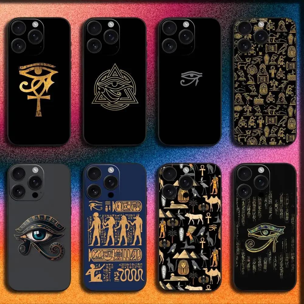 Cover per iPhone Occhio di Horus dell'Antico Egitto per modelli 17, 16, 15, 14, 13, 12, Pro, Max, Plus, E, SE4, Air, Mini - Nera