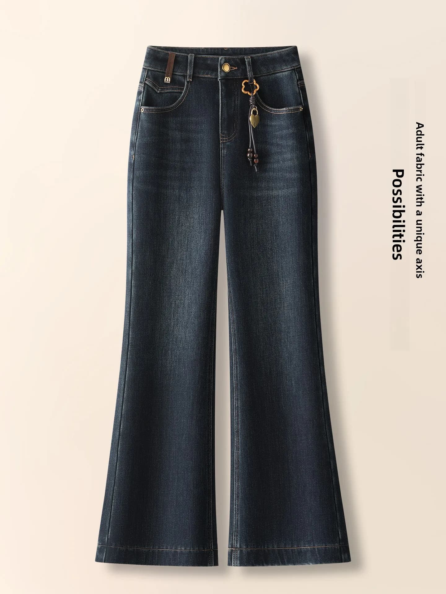 Retro Blue Fleece Lined Slim Fit High Waist Women's Jeans Autumn Winter New Style Bell Bottoms Comfortable Breathable Cotton ...