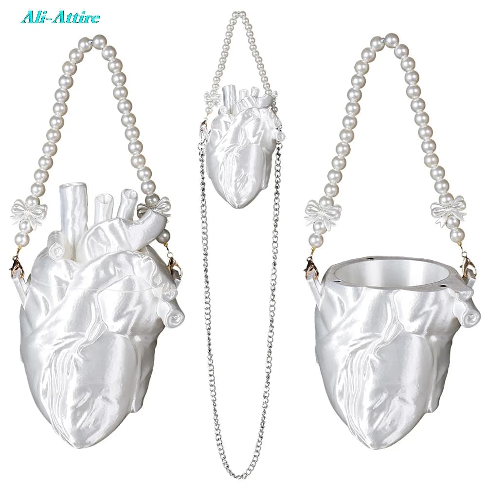 Borsa a forma di cuore di Halloween Mini pochette Borsa a tracolla Abiti argentati Accessori per abiti Travestimento per feste Oggetti di scena per giochi di ruolo di Halloween